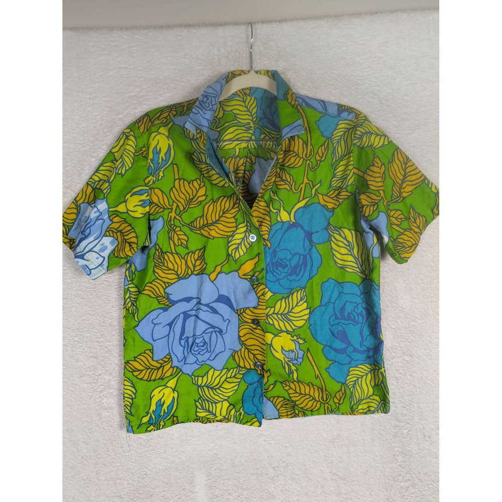 Button Up Shirt Women's S Green Blue Floral Short Sleeve Tropical